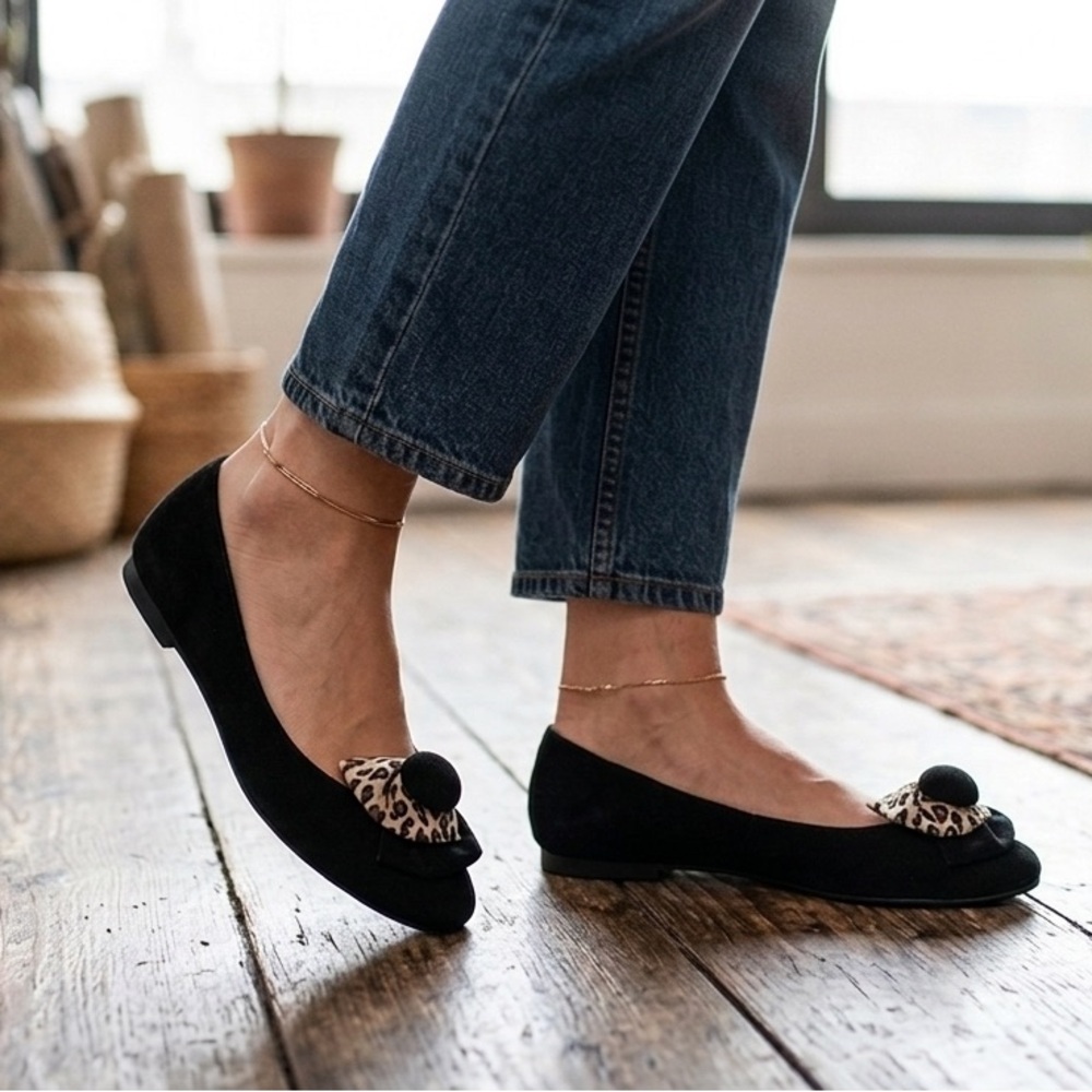 Vintage Black Suede Leopard Bow Shoe Clips